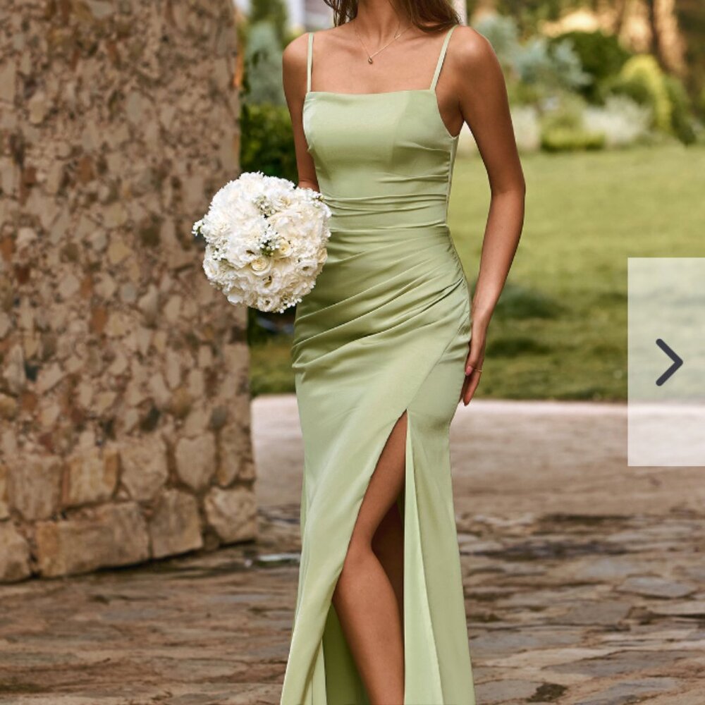Stacees Dusty sage Satin Prom w/ slit